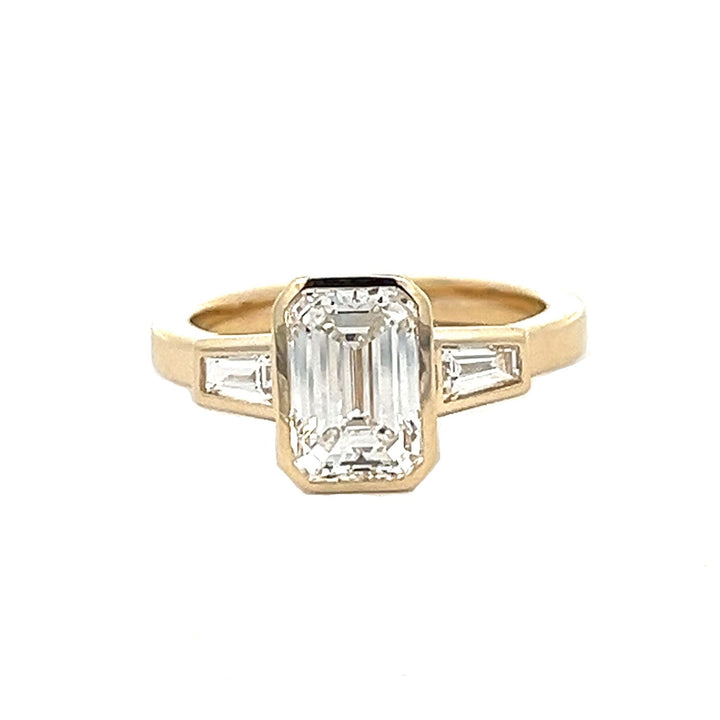 three-stone emerald cut diamond bezel set engagement ring - Valentshop Jewelry